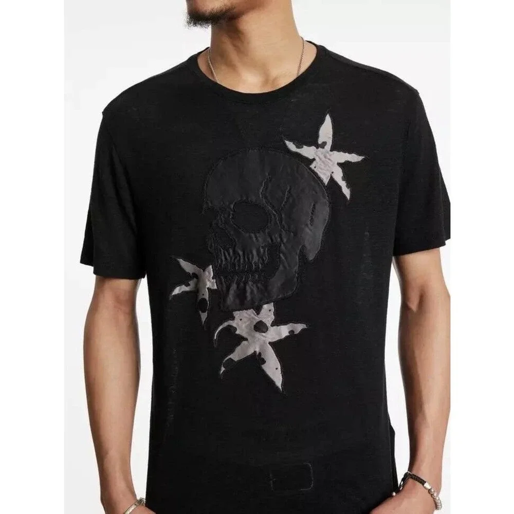 Skull John Varvatos Graphic T-Shirt Men's M Black Embroidered Linen Blend New
